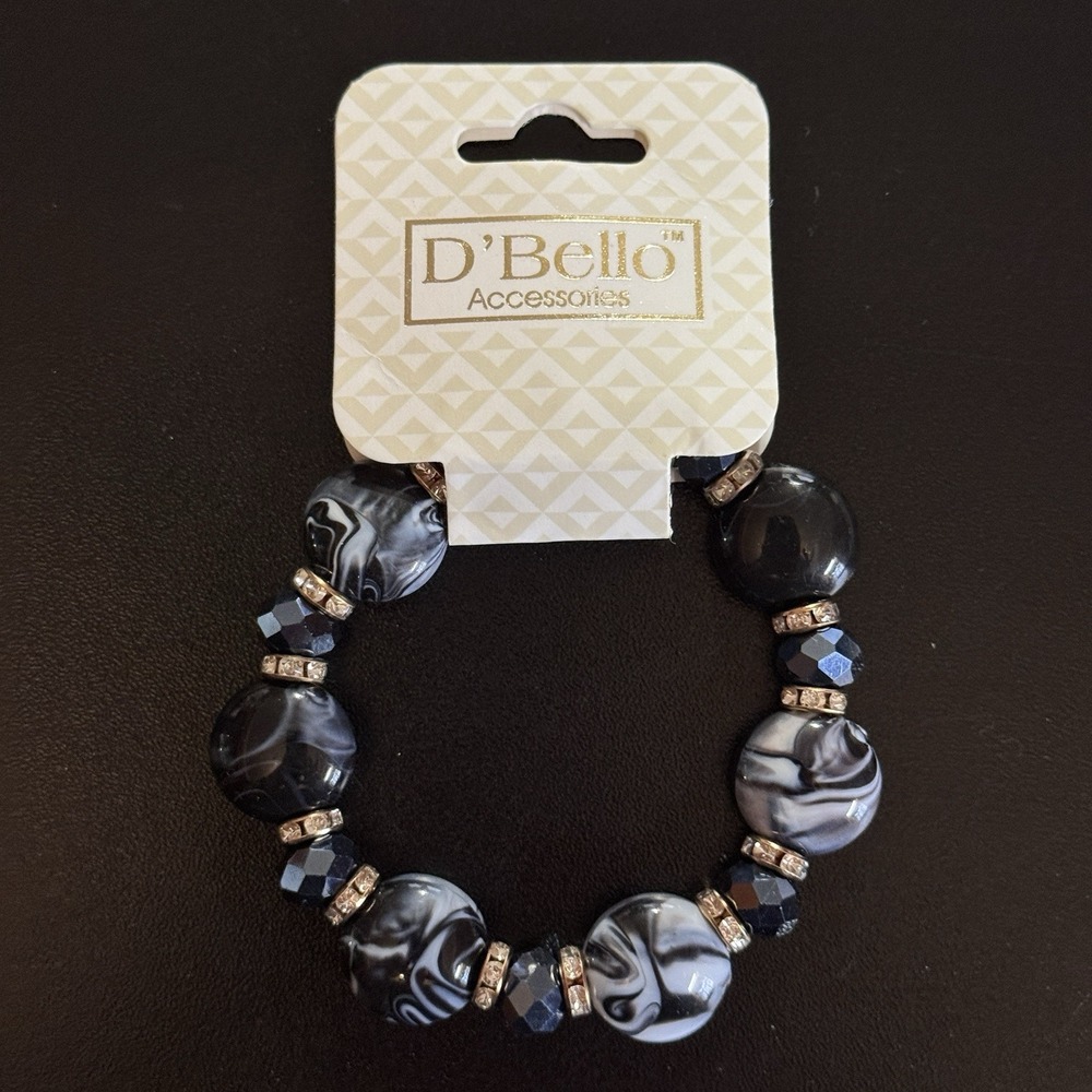 D'Bello Beaded Stretch Bracelet  Womens Big Black Gray Beads Jewelry Costume NEW